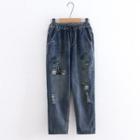 Cat Embroidered Washed Straight-cut Jeans