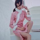 3/4-sleeve Faux Fur Trim Lace Qipao Dress