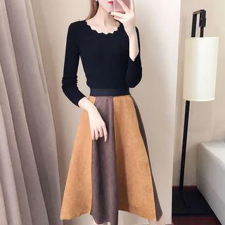 Set: Long-sleeve Knit Top + Two Tone A-line Midi Skirt