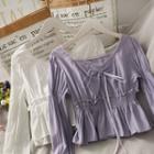Smocked-waist Ribbon V-neck Crop Top