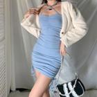 Halter-neck Drawstring Mini Dress / Fleece Button-up Jacket