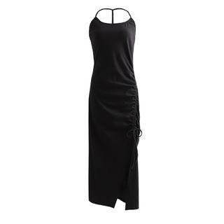 Spaghetti-strap Halter Drawstring Midi Sheath Dress