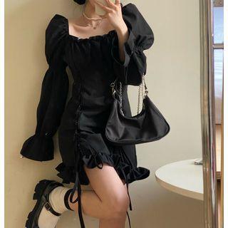 Bell-sleeve Ruffle-trim Plain Mini Dress