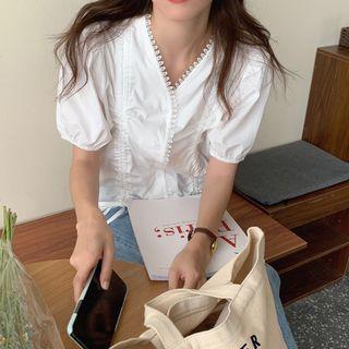 Short-sleeve Lace Trim Drawstring Blouse White - One Size