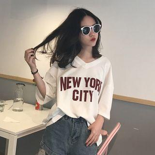 V-neck Lettering Elbow-sleeve T-shirt
