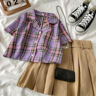 Short-sleeve Open-collar Plaid Shirt / Belted Pleated Mini A-line Skirt