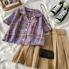 Short-sleeve Open-collar Plaid Shirt / Belted Pleated Mini A-line Skirt