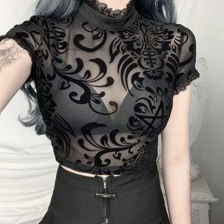 Lace Trim Short-sleeve Mesh Cropped Top