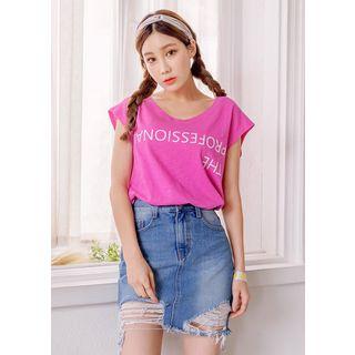 Cap-sleeve Lettering Cotton T-shirt