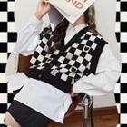 Checkerboard Cropped Sweater Vest Check - Black & White - One Size