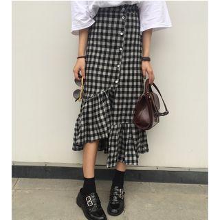 Buttoned Gingham Asymmetric Midi Skirt