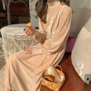 Long-sleeve Velvet Panel Midi Dress / Plain Fleece Jacket