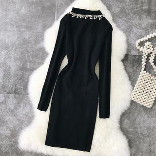 Long-sleeve Mock Neck Mesh Panel Embellished Knit Dress Black - One Size