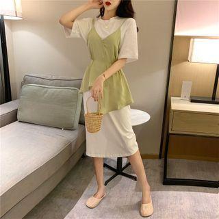 Set: Short-sleeve Midi T-shirt Dress + Strappy Dress As Shown In Figure - One Size