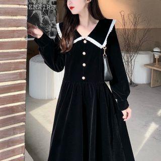 Long-sleeve Collared A-line Midi Velvet Dress