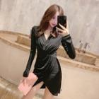 V-neck Long-sleeve Shirred Mini A-line Dress