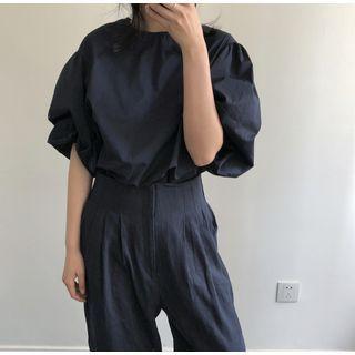 Puff Sleeve Plain Blouse Navy - One Size