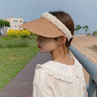Faux Pearl Woven Sun Visor White & Brown - One Size