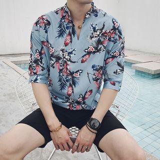 Floral Print Elbow Sleeve Split Neck Shirt
