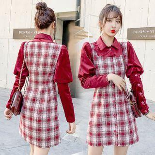 Mock Two-piece Puff-sleeve Plaid Sheath Dress