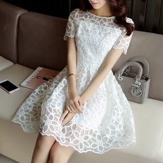 Lace Short Sleeve A-line Dress