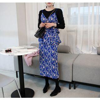 Spaghetti-strap Ruffled Floral Long Pinafore Dress