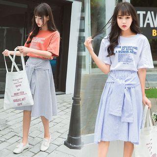 Set: Lettering Elbow Sleeve T-shirt + Striped Tie Waist Midi Skirt
