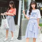 Set: Lettering Elbow Sleeve T-shirt + Striped Tie Waist Midi Skirt