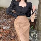 Puff-sleeve Square-neck Blouse / Side-slit Faux Leather Midi Pencil Skirt