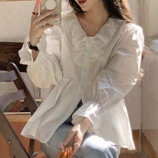 Bell-sleeve V-neck Shirt White - One Size