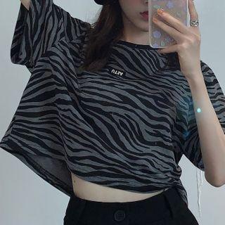 Short-sleeve Zebra Print T-shirt Gray & Black - One Size