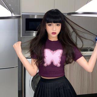 Butterfly Print Short-sleeve Knit Top Purple - One Size