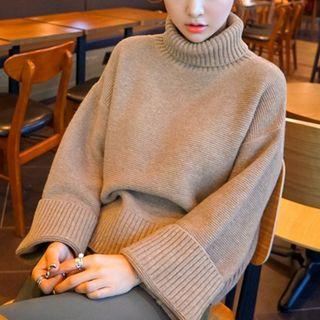 Mock-turtleneck Plain Loose-fit Knitted Sweater