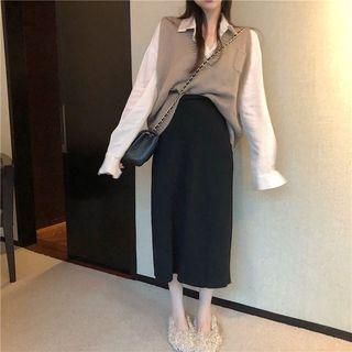Long Sleeve Plain Shirt / V-neck Knit Tank Top / Knit Skirt