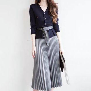 Set: V-neck Cardigan + Accordion-pleated Midi A-line Skirt