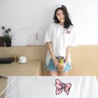 Short Sleeve Bow Embroidered Hoodie
