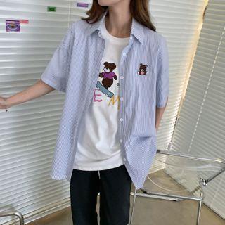Bear Embroidered Striped Shirt / Bear Embroidered Short-sleeve T-shirt