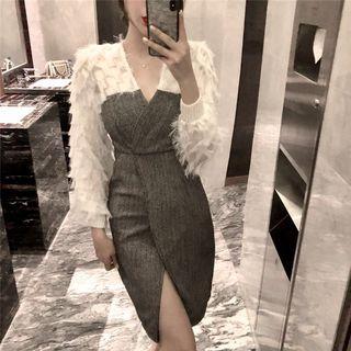 Mock Two-piece Long-sleeve Feather-accent Sheath Dress