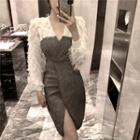 Mock Two-piece Long-sleeve Feather-accent Sheath Dress