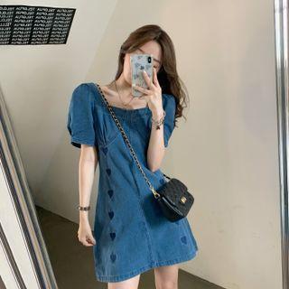 Short-sleeve Heart Embroidered A-line Denim Dress