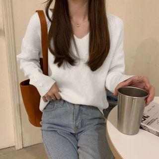 V-neck Button-cuff Sweater