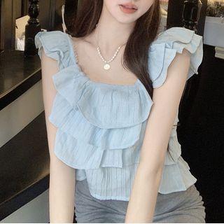 Ruffle Layered Flowy Cropped Camisole Top Blue - One Size