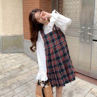 Plaid Pleated Mini A-line Overall Dress / Bow-back Plain Blouse