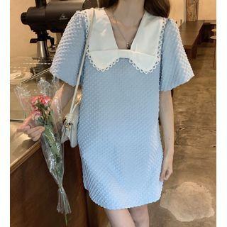 Short-sleeve Collar Mini Sheath Dress Blue - One Size