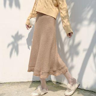 Fringed Hem Knit Midi A-line Skirt