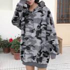 Camouflage Fleece Pompom Hoodie Gray - One Size