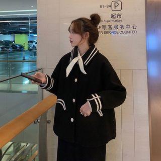 Long-sleeve Tie-neck Lace Panel Dress / Striped Coat