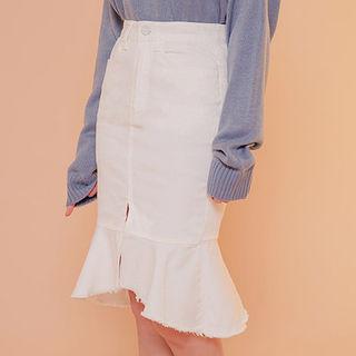 Zip-front Fray-hem Mermaid Skirt
