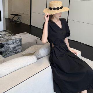 V-neck Drawstring Cutout A-line Maxi Dress Black - One Size