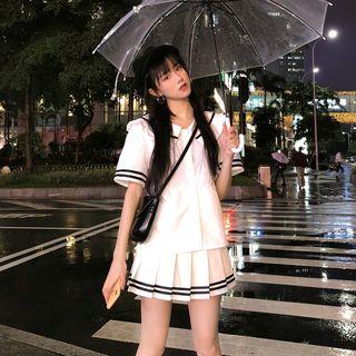 Set: Short-sleeve Sailor Collar Top + Mini Pleated Skirt Set - White - One Size